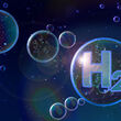 Rendering of bubbles with a floating hydrogen chemical symbol.