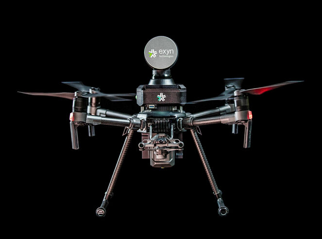 Closeup of an Exyn drone equipped with lidar survey equipment.