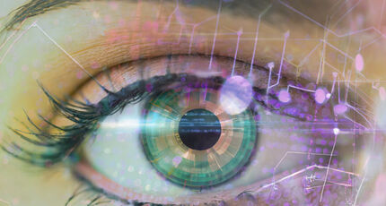 Closeup of human eye with augmented reality contact lens.