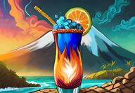 Tropical drink in front of an erupting volcano.