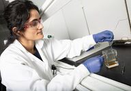 Female scientist examines small metal sample pulled from acid bath.