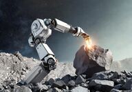 Robot arm mining on an asteroid in outer space.