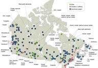 Map showing mines, mineral exploration projects, and refineries in Canada.