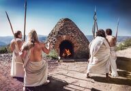 Iron-age men around a firebrick oven.