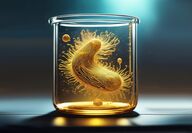 Illustration of a gold-colored microbe in a jar.