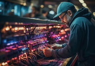 A technician sets up fiber optic systems for high-speed data transfer.