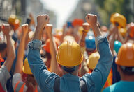Crowd of workers in hard hats cheering, viewed from behind.