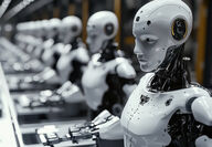 Line of humanoid robots working in a factory setting.