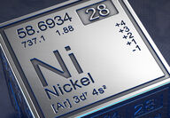 The top of a metallic cube with the periodic table information for nickel.