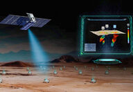 Graphic of a satellite scanning Geodes with 3D geological model inset.