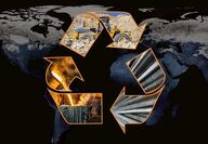 Recycling symbol showing steel industry images.