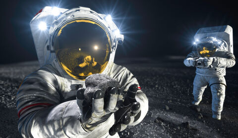 Artist rendering of an astronaut holding up a Moon rock sample.