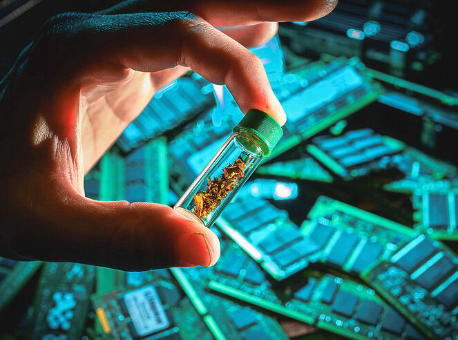 A vial of gold being held above a pile of discarded circuit boards.