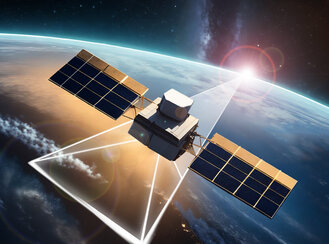 Rendering of a geophysical scanning micro-satellite over Earth.
